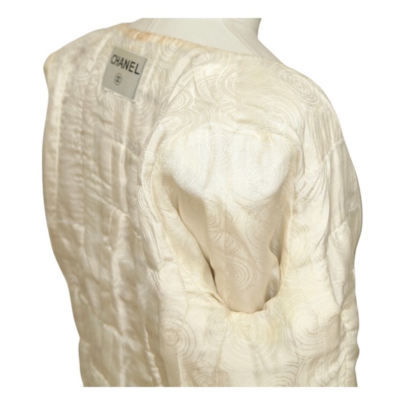 CHANEL Striped Tweed Jacket Blazer Ivory Cropped 3/4 Sleeve Chain Sz XS VINTAGE - Picture 7 of 9